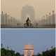 A then-and-now photo shows New Delhi’s India Gate war memorial on October 17, 2019 and after India’s coronavirus lockdown was instated.